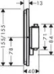 Diagramm eines thermostatischen Unterputzventils von Hansgrohe mit verschiedenen Maßen und Detailansichten, die die Konstruktion und Montage zeigen.